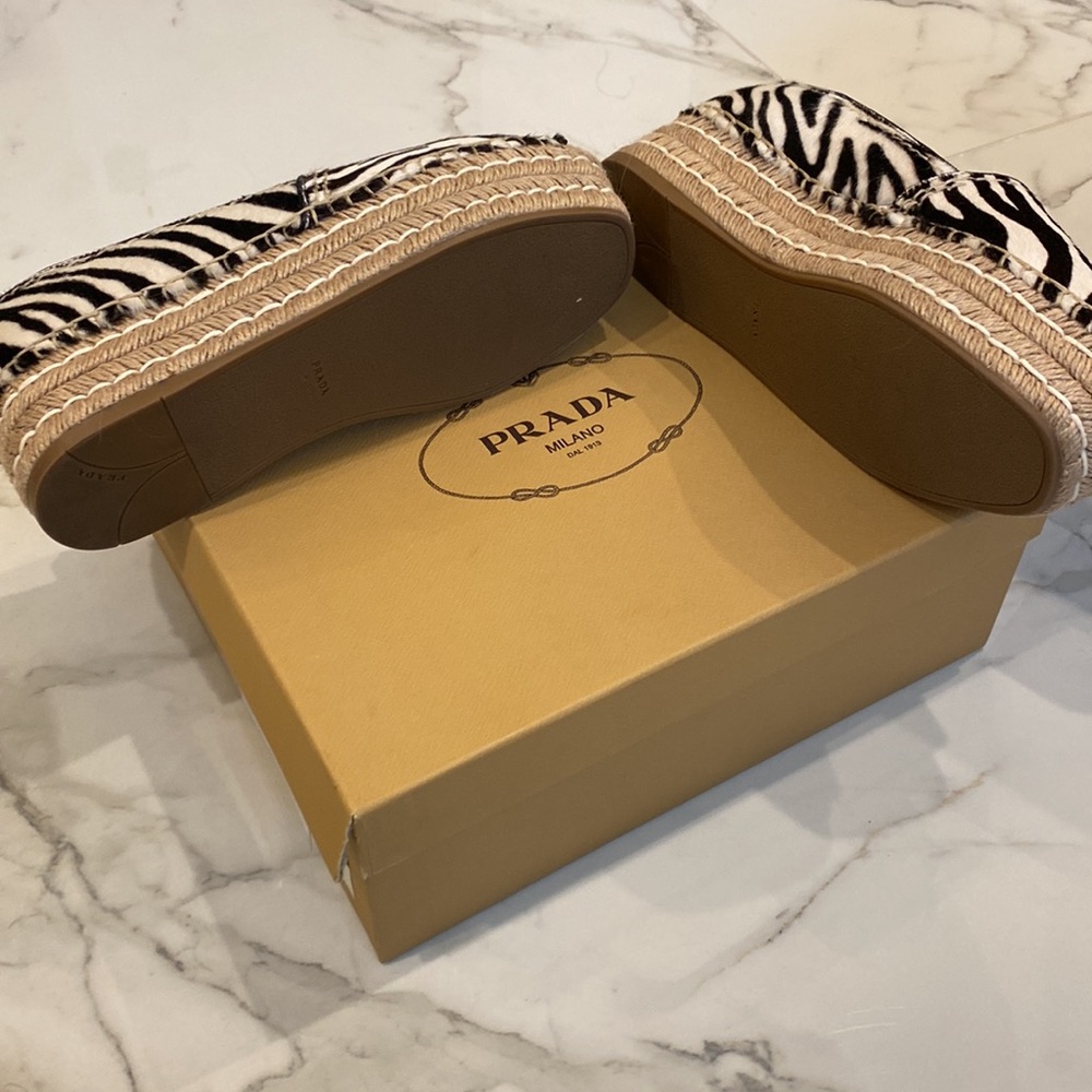 Prada Zebra Print Calf Hair Platform Espadrille Wedge Sandals Size 10.5 - Picture 2 of 9